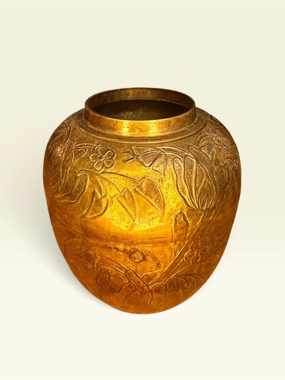 Vintage Art Nouveau Brass Floral Vase – Raised Relief Floral Made in India